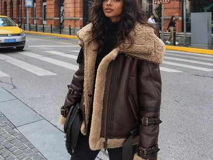 Lambskin Leather Jacket for Women in Brown with Fur Trim