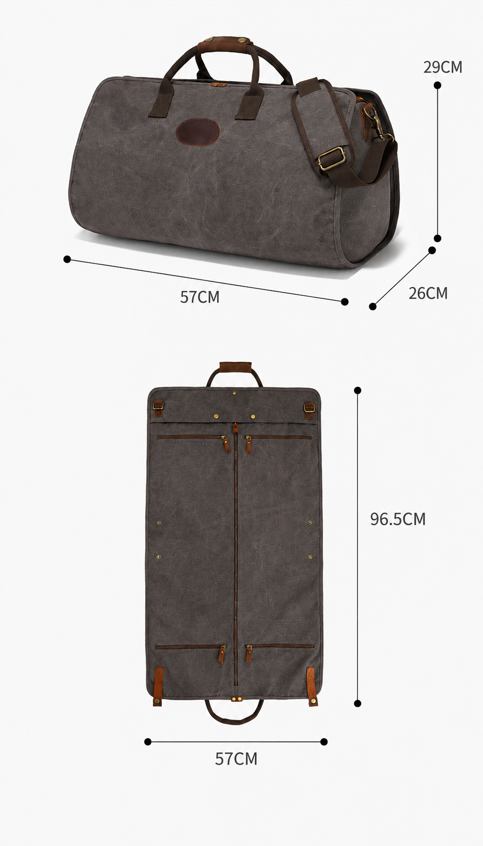 Canvas Garment Bag with Top-Grain Cowhide Leather and Foldable Suit Carrier