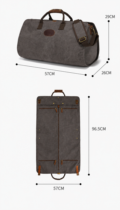 Canvas Garment Bag with Top-Grain Cowhide Leather and Foldable Suit Carrier