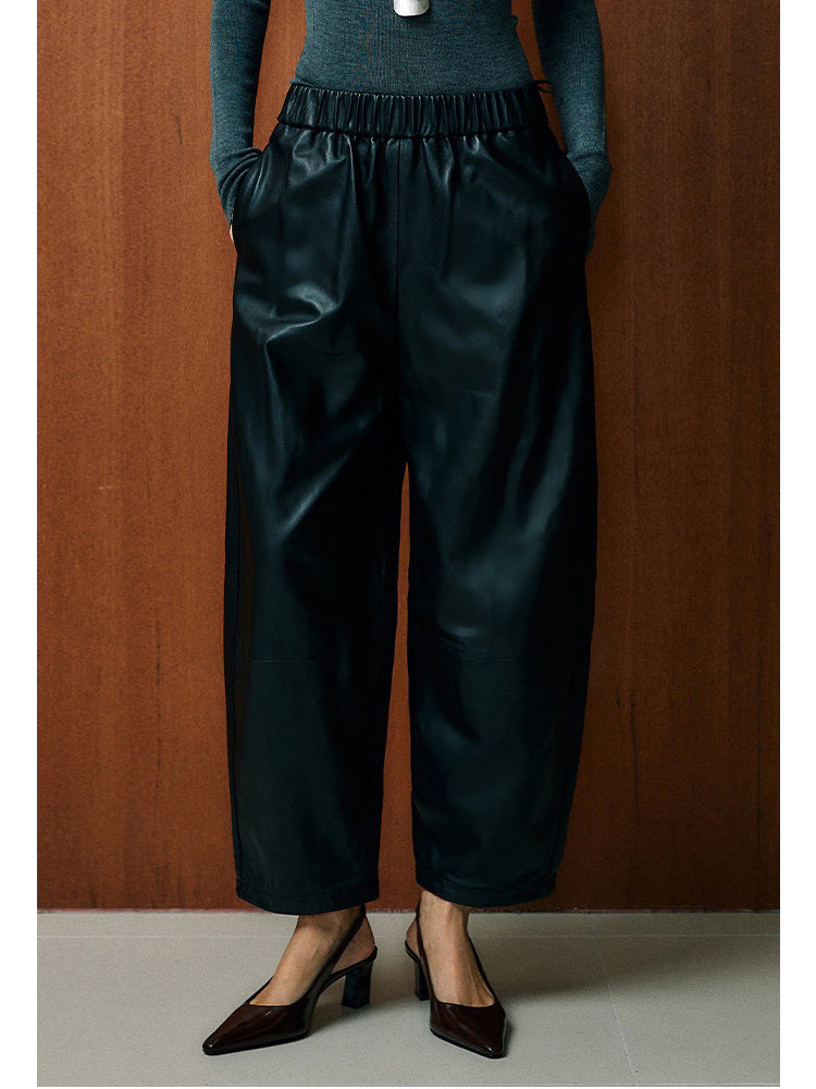Women Leather Baggy Pants Retro Elastic Waist Loose Fit
