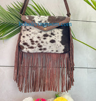 Spotted Black White Cowhide Crossbody Bag With Fringes