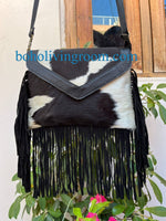 Black White Cowhide Crossbody Bag With Fringes
