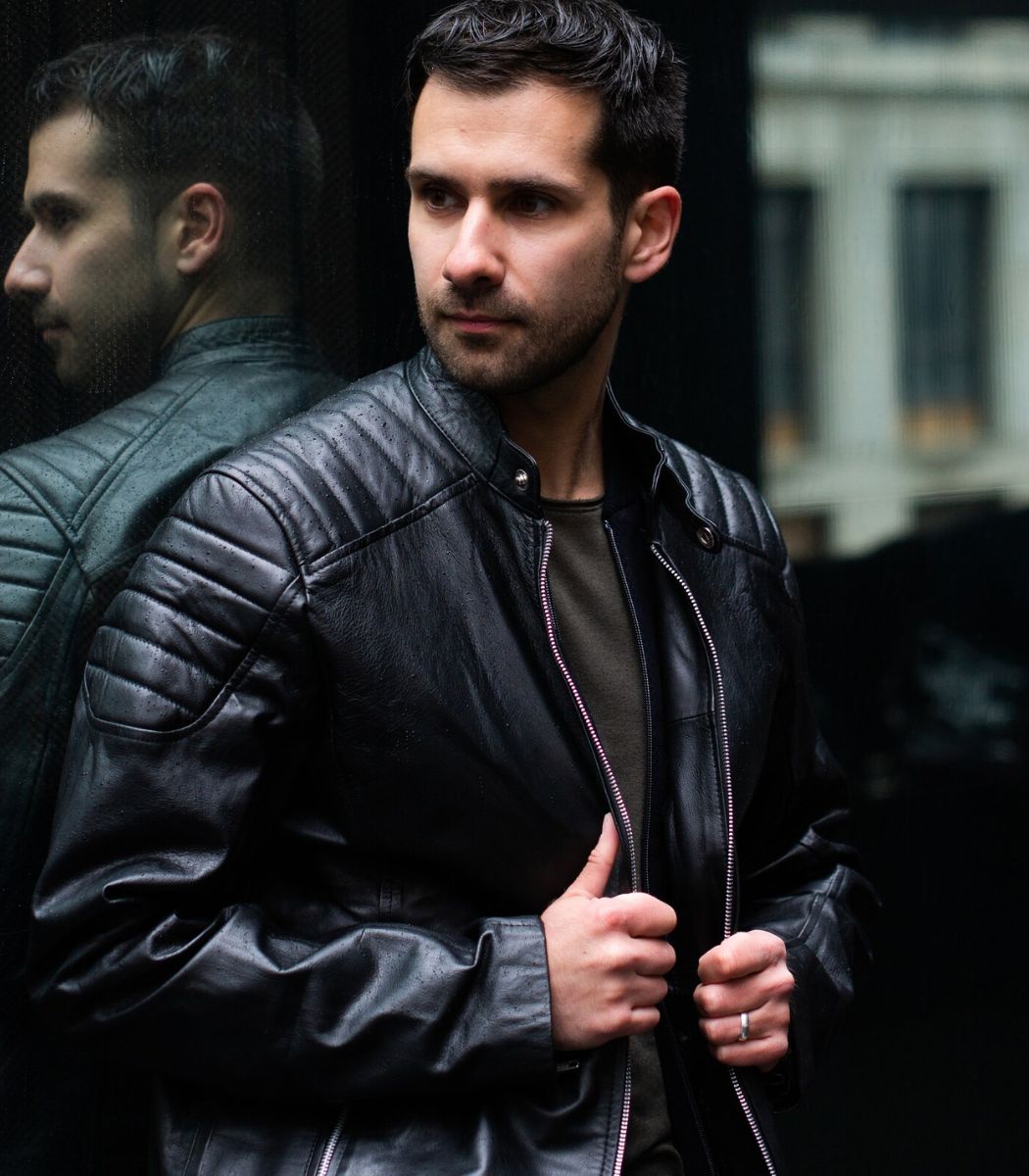 Black leather flight jacket with zip closure