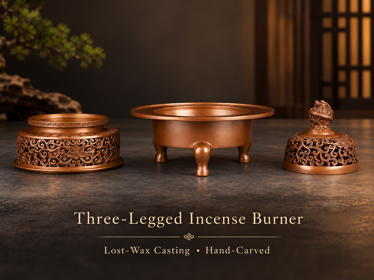 Copper Incense Burner with Three Legs and Decorative Openwork Lid