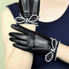 Women’s Leather Gloves Black Sheepskin Bow Cuff for Winter