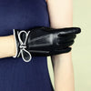 Women’s Leather Gloves Black Sheepskin Bow Cuff for Winter