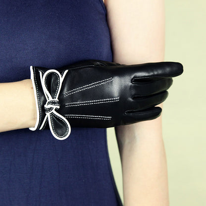 Women’s Leather Gloves Black Sheepskin Bow Cuff for Winter