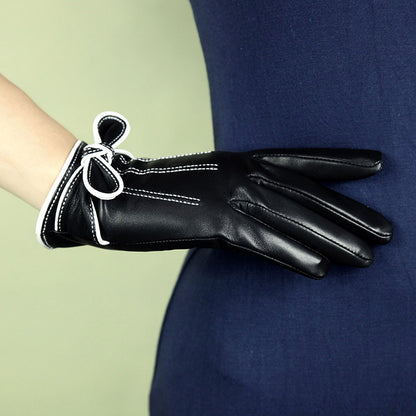 Women’s Leather Gloves Black Sheepskin Bow Cuff for Winter