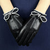 Women’s Leather Gloves Black Sheepskin Bow Cuff for Winter