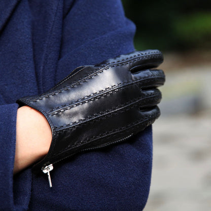 Women’s Leather Gloves in Black Sheepskin with Fleece Lining and Side Zipper