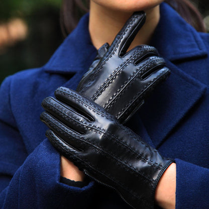 Women’s Leather Gloves in Black Sheepskin with Fleece Lining and Side Zipper