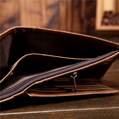 Men’s Genuine Leather Bifold Wallet with ID Window and Zipper Pocket