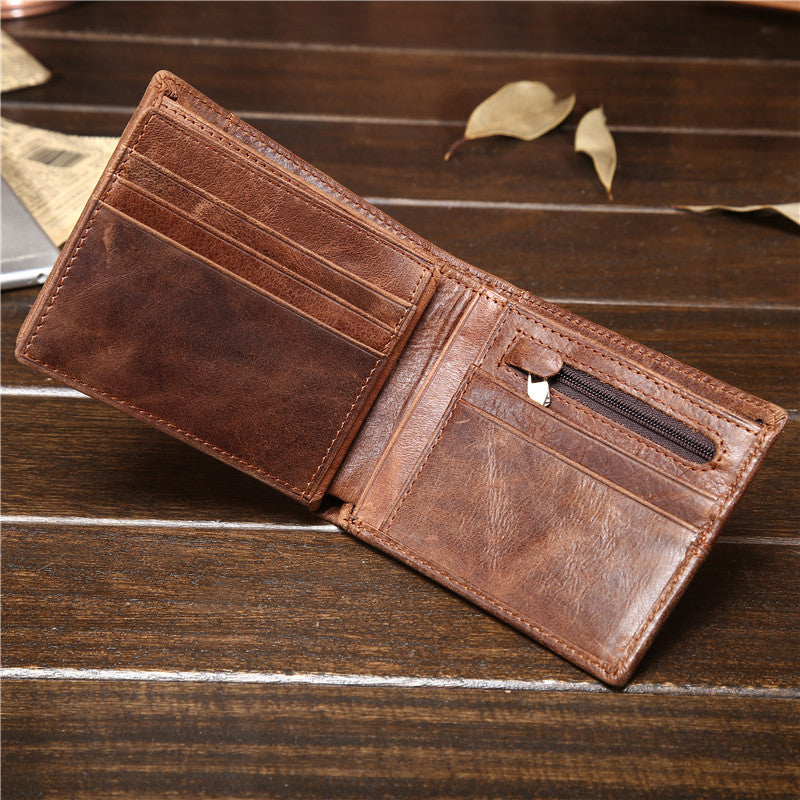 Men’s Genuine Leather Bifold Wallet with ID Window and Zipper Pocket