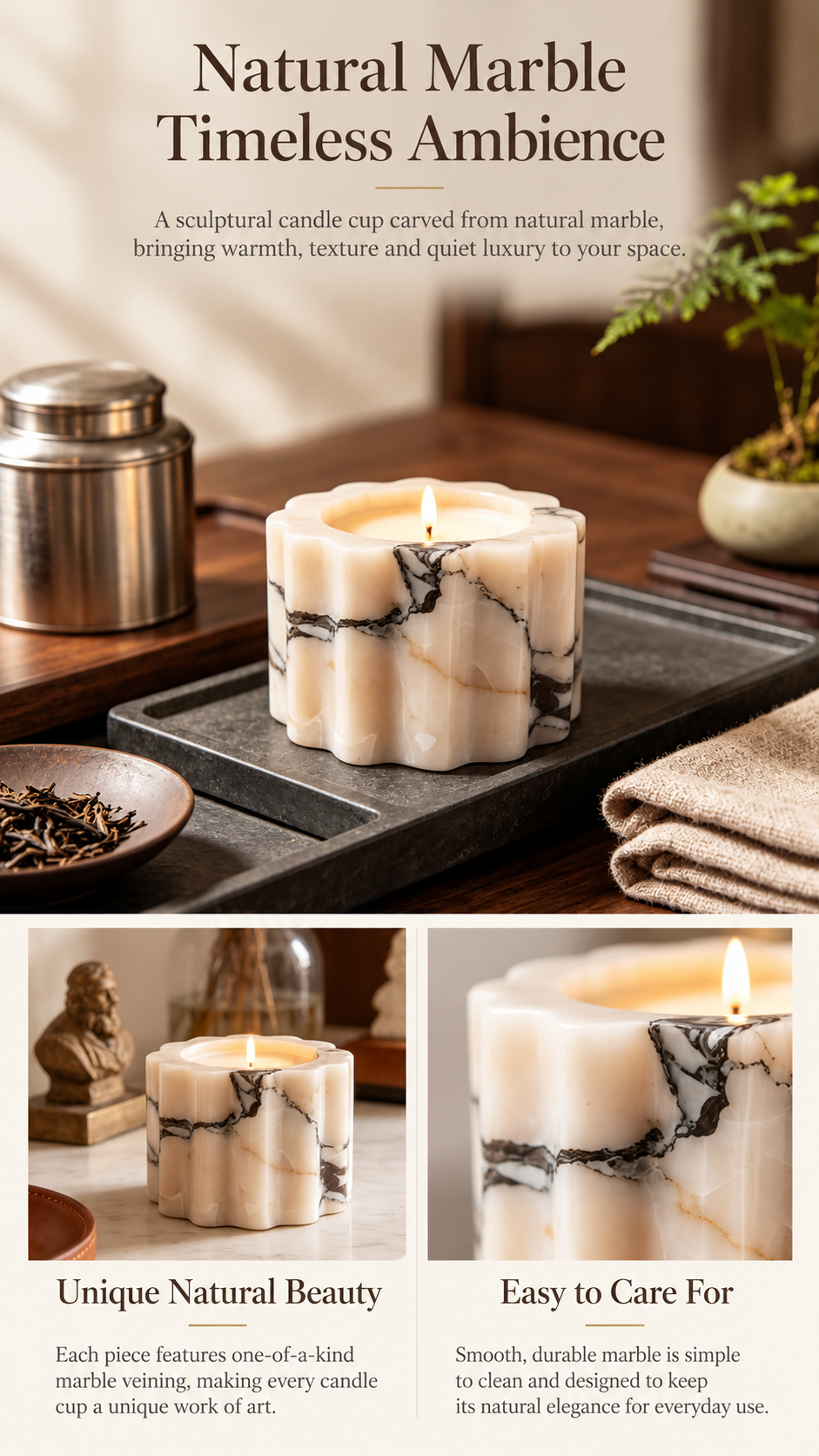 Scalloped Pink Marble Candle Holder with Floral Edges and Black Veining