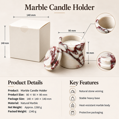 White Marble Candle Jar with Matching Lid and Natural Red Veining