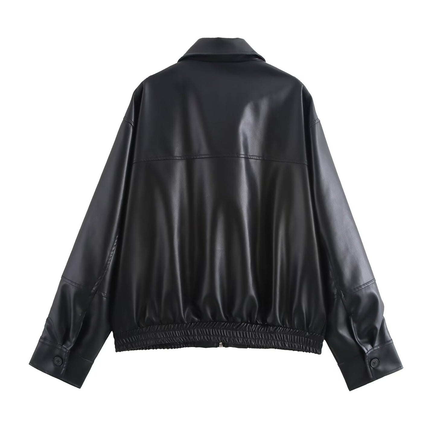 Women Faux Leather Bomber Jacket with Zipper Front