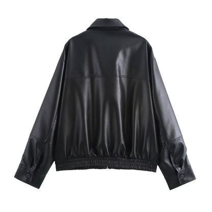Women Faux Leather Bomber Jacket with Zipper Front