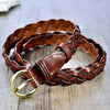 Slim Brown Braided Leather Waist Belt with Gold Buckle
