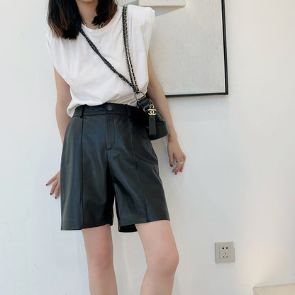 Women Mid Length Real Leather Shorts