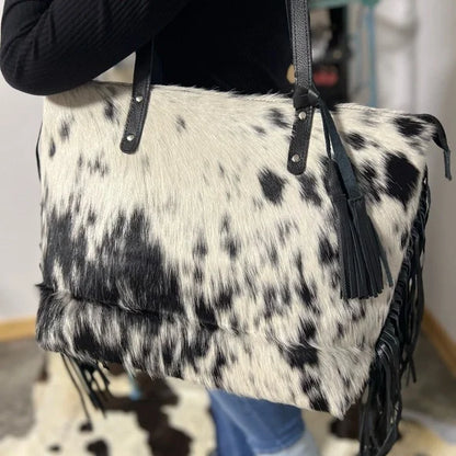 Cowhide Leather Tote Bag With Fringe