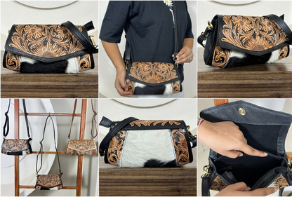 Hand tooled cowhide leather crossbody mini bag