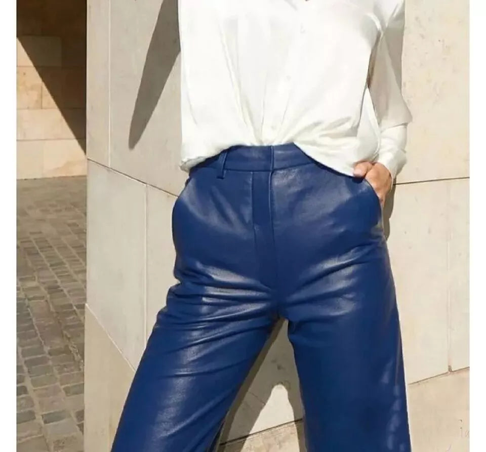 blue leather pants women