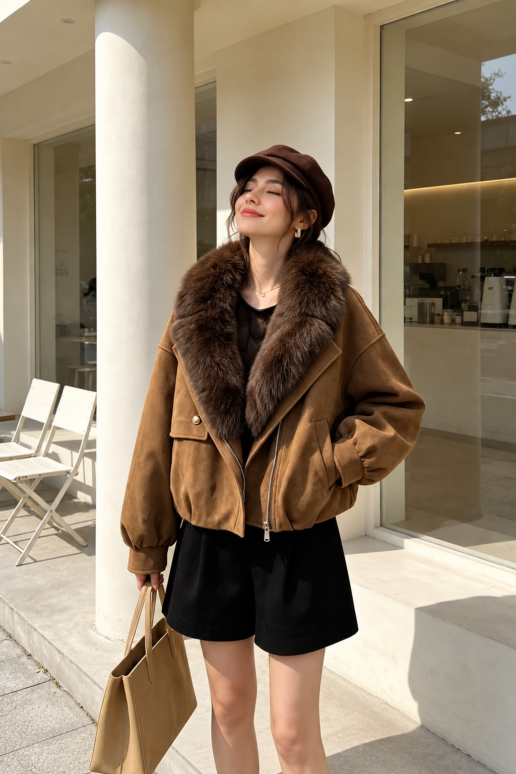 Women’s Brown Fur Collar Bomber Jacket