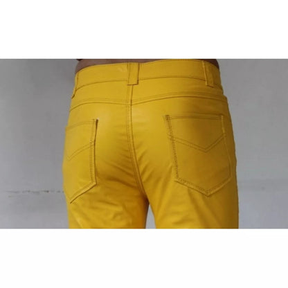 Genuine Leather Yellow Pants Men's