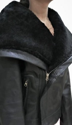 Women's leather jacket real sheep fur collar