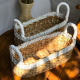 Set of 2 Decorative oval dried water hyacinth storage basket with handle