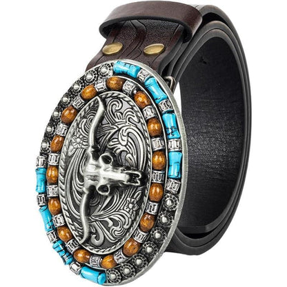 Western Longhorn Cowboy Leather Belt