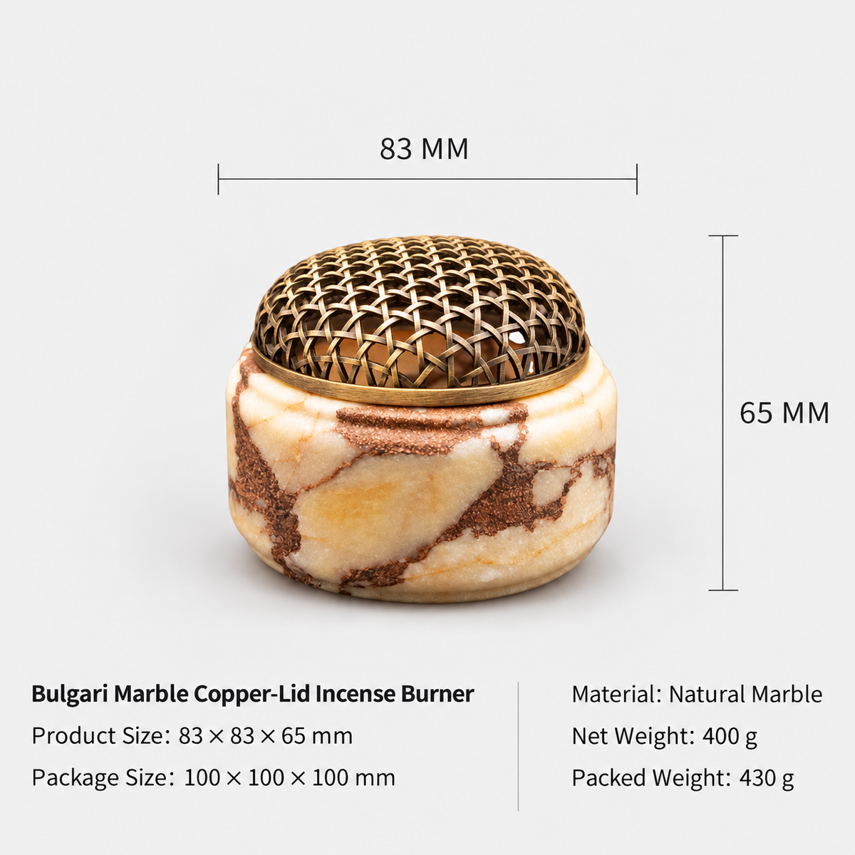 Incense Burner in Natural Marble with Decorative Metal Dome Lid