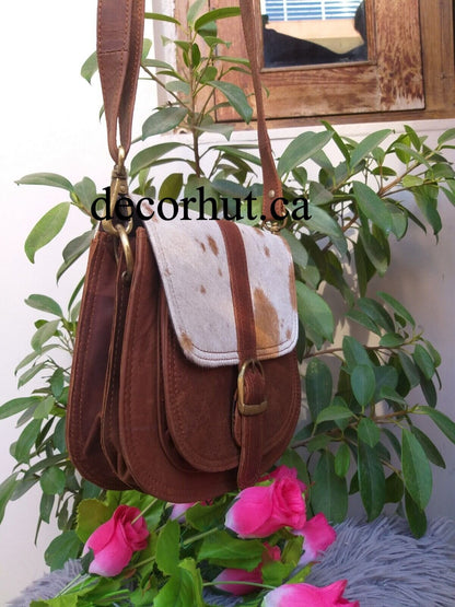 Natural Cowhide Crossbody Bag Brown White