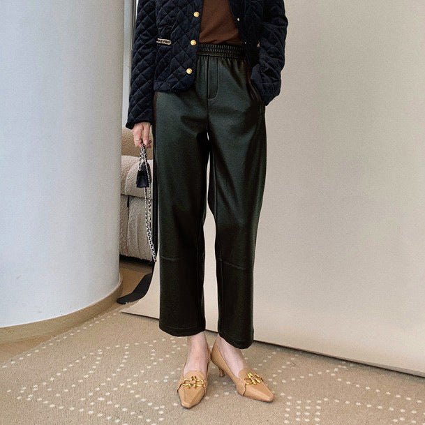 Women’s Genuine Leather Pants High Waist Wide-Leg Trousers