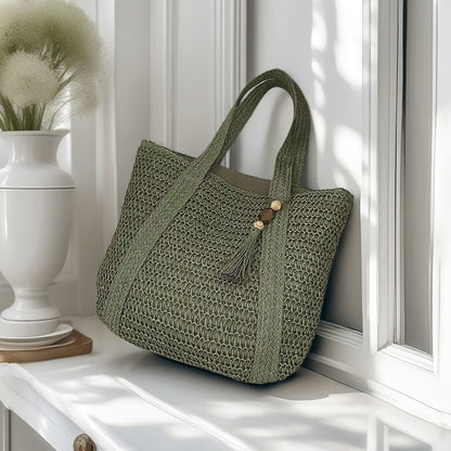 Beach Straw Tote Handbag for Women with Tassel Charm