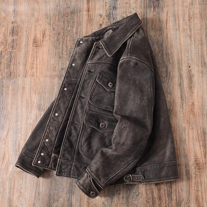 Men Distressed Cowhide Leather Trucker Jacket