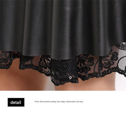 Women’s mini leather skirt in black with lace trim. Genuine sheepskin A-line cut delivers a flattering fit with bold style.