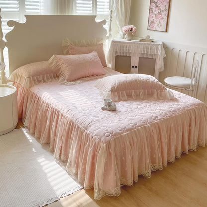 Padded Lace Bed Skirt with Quilted Top and Elastic Straps