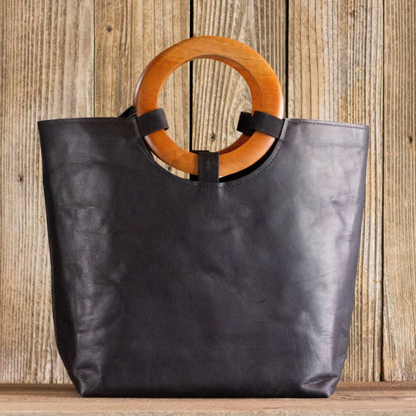 Cowhide Tote Bag With Wooden Handle