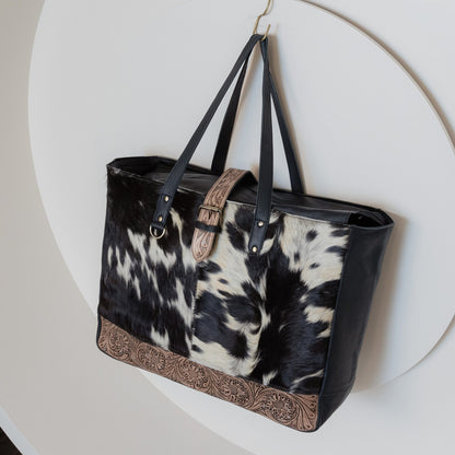 Large Cowhide Tote With Tooled Leather