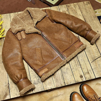 Men’s Real Shearling Fur Leather Aviator Flight Jacket 3 S