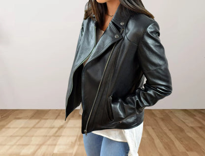 Genuine Sheepskin Leather Biker Moto Jacket