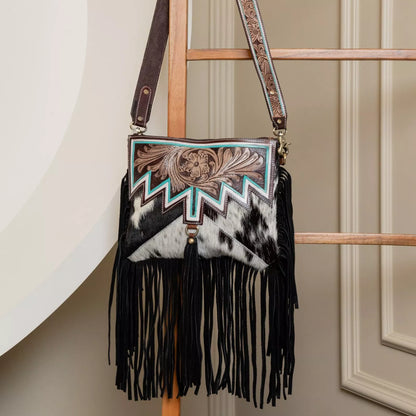 Tooled Leather Cowhide Crossbody Bag Fringe