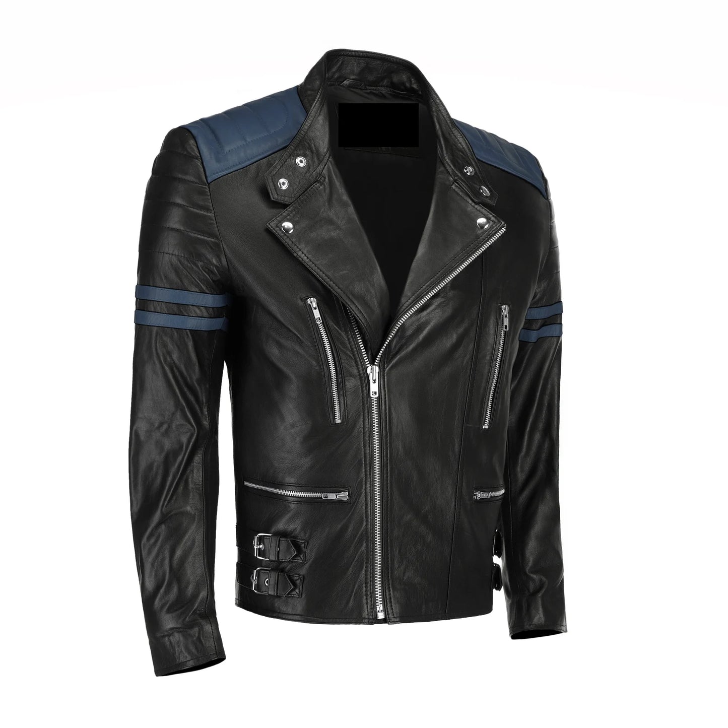 Blue And Black Biker Style Leather Jacket