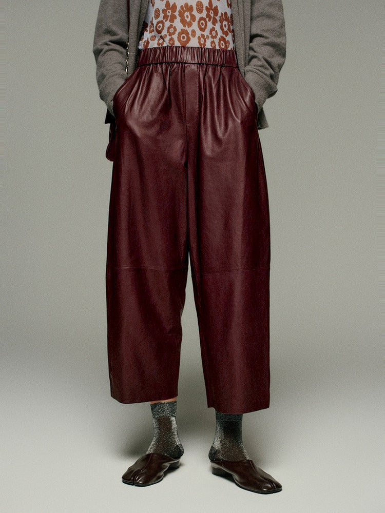 Women Leather Baggy Pants Retro Elastic Waist Loose Fit