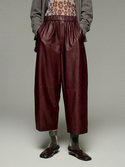 Women Leather Baggy Pants Retro Elastic Waist Loose Fit