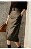 Olive Green Sheepskin Mid Length Leather Skirt with Belt and Slit