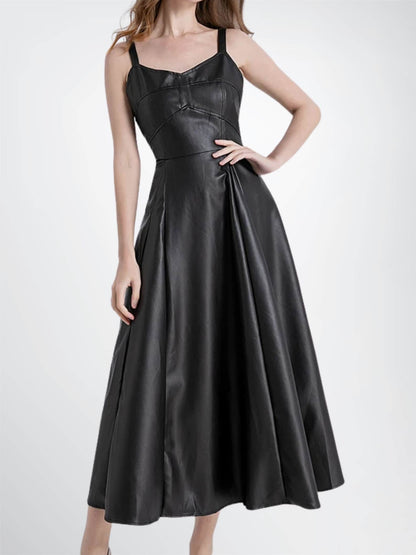 women sleeveless long leather dress