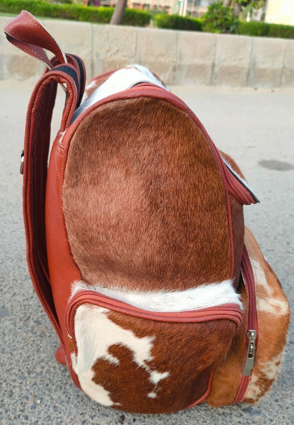 genuine cowhide backpack brown white