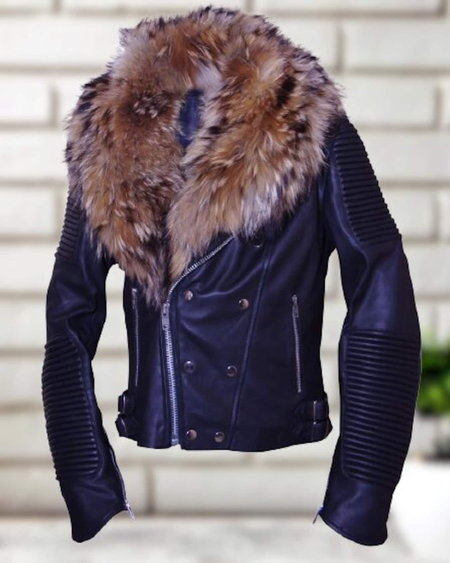 Burgundy Fox Fur Collar Women's Biker Leather Jacket